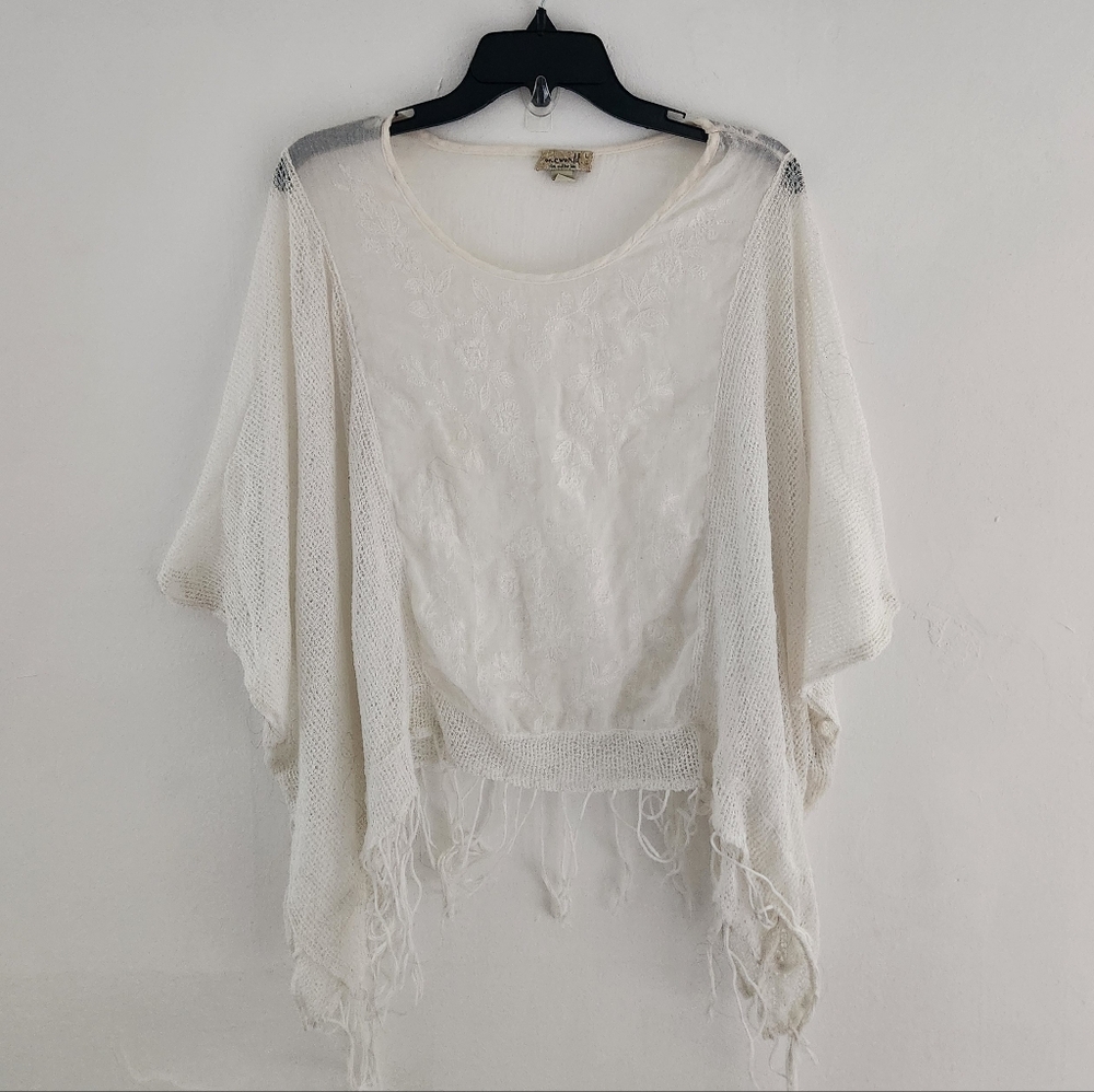 One World Sheer Floral Embroidered Knit Fringe Boho Poncho Cream White Large